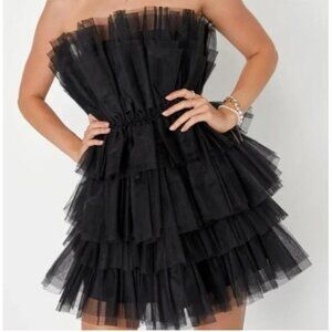 Strapless Black Tulle Tiered Mini Dress With Elastic Waist & Layered Ruffle Desi